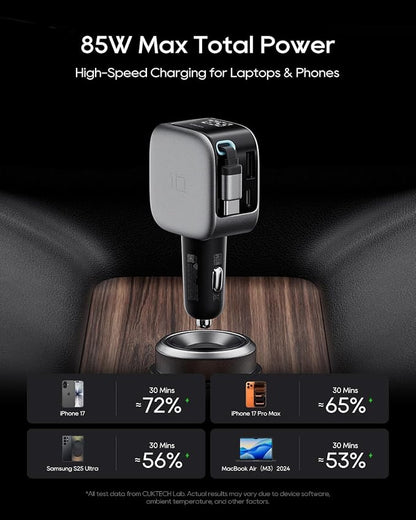 CUKTECH 85W Car Charger with Built-in Retractable Cable(2.3ft), 3-Port(2C1A) GaN Car Adapter, Smart LED Display, Power and Voltage Monitor, for MacBook, iPhone 17/16/15, Galaxy S26/25/S24, Pixel 10/9