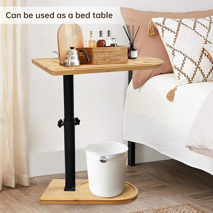 C Shaped End Table for Couch,360° Swivel Height Adjustable Couch Side Table,Thickened Base Plate,Sofa Tray with Cell Phone & Tablet Slot,C-Shaped Drink Table for Sofa/Bed/Bathtub