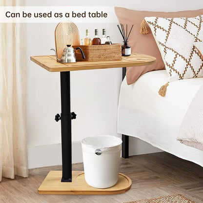 C Shaped End Table for Couch,360° Swivel Height Adjustable Couch Side Table,Thickened Base Plate,Sofa Tray with Cell Phone & Tablet Slot,C-Shaped Drink Table for Sofa/Bed/Bathtub