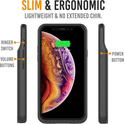 iPhone Xs/X Battery Case, Alpatronix BXX Wireless Portable Power Bank and iPhone Xs Slim Charger, 50% Faster Charging Battery Pack, Original iPhone Lightning Chip – Black