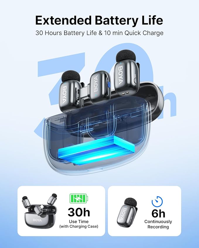 BOYA mini 2 Wireless Lavalier Microphone for iPhone 15/16/17 & Android,AI Noise Cancellation,App Control, 30H Battery Life with Charging Case,Lapel Microphone Wireless for Video Recording Podcast Vlog