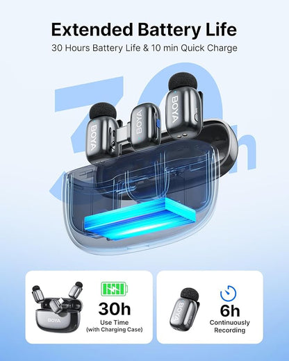 BOYA mini 2 Wireless Lavalier Microphone for iPhone 15/16/17 & Android,AI Noise Cancellation,App Control, 30H Battery Life with Charging Case,Lapel Microphone Wireless for Video Recording Podcast Vlog