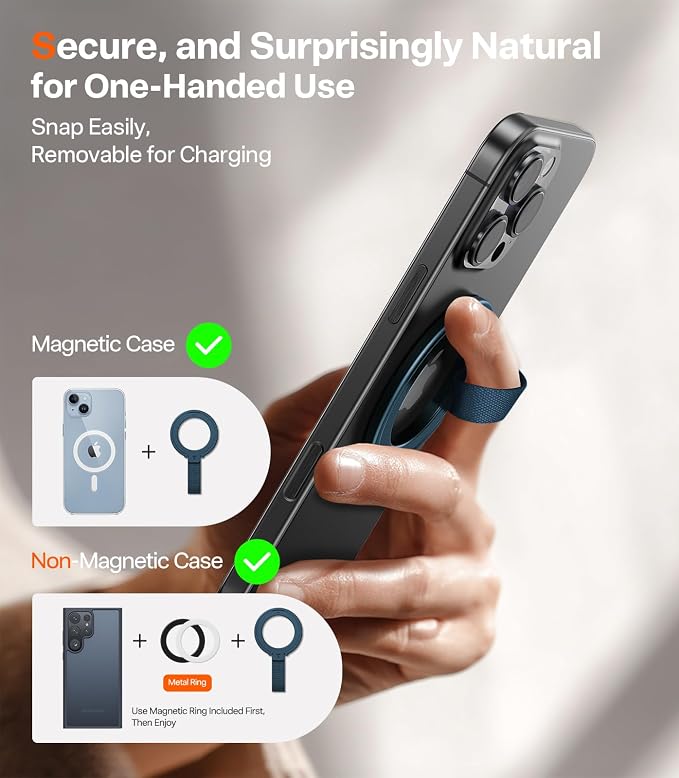 TORRAS 2025 Upgrade (Gen 6.0) Magnetic Phone Grip Holder Kickstand with Braided Strap, Fit for MagSafe Ring Removable, for iPhone 17 16,15, 14, 13 12 Samsung Galaxy, Google, Ostand Ring, Navy Blue