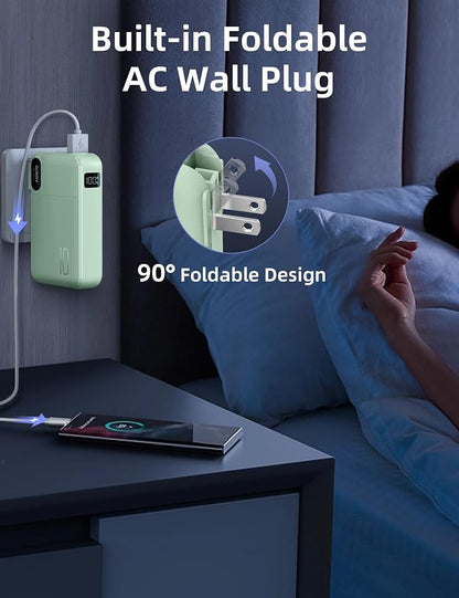 RORRY Portable Charger w/Wall Plug 10000mAh Power Bank 22.5W Battery Pack | Built in Cables, Fast Charging, for iPhone, iPad, Samsung Galaxy, Pixel, LG, Travel Essential, Digital Display, Pocket Size