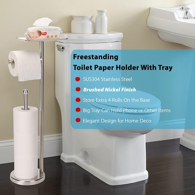 Noonext Toilet Paper Holder with Shelf, Freestanding Toilet Paper Stand with Tray for Small Items, Toilet Paper Holder Freestanding, Storage Space for 4 Extra Toilet Paper Rolls (Brushed Nickel)