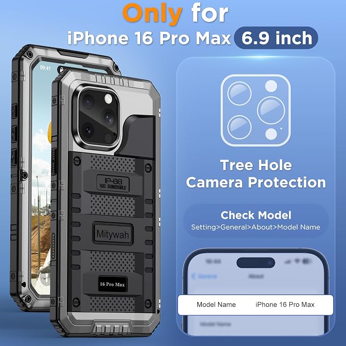Mitywah Waterproof Case for iPhone 16 Pro Max, Heavy Duty Metal Cover with Built-in Screen Protector, Military Grade Full Body Shockproof Rugged Protective Phone Case 6.9 inch, Silver