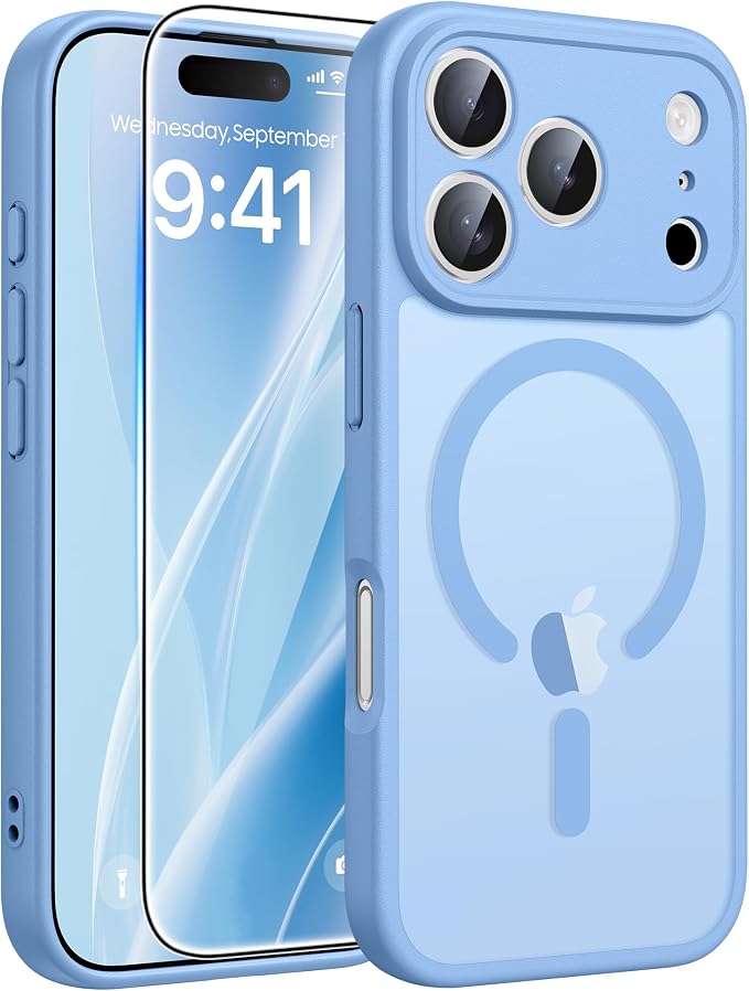 FNTCASE for iPhone 17 Pro Max Case: [Compatible with Magsafe] Translucent Matte Cases with [Full Camera Protection] [Screen Protector] Military Grade Shockproof Protective Phone Cover - Light Blue
