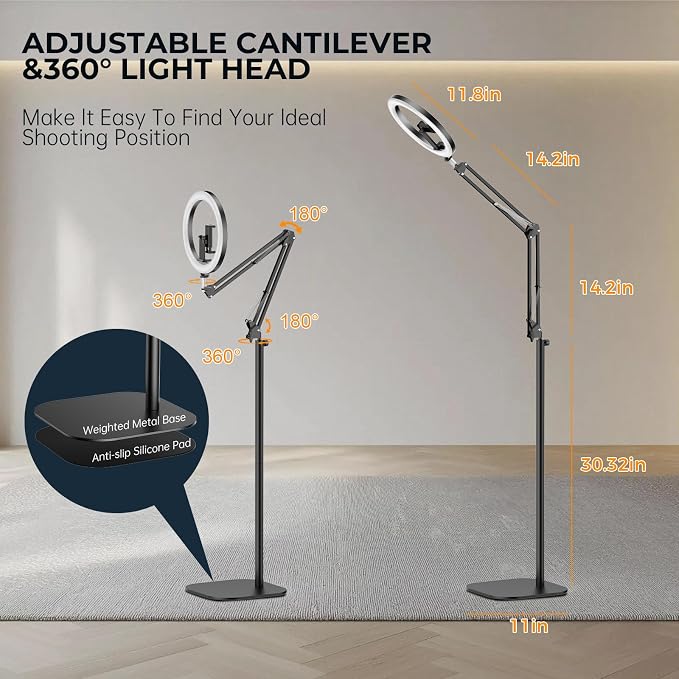 10" Ring Light with Stand Tripod for iPhone, Overhead Phone Camera Mount, Adjustable 70" Height Tripod Holder Floor, Phone Stand for Video Recording Filming Streaming Cooking TikTok YouTube, CRI >95