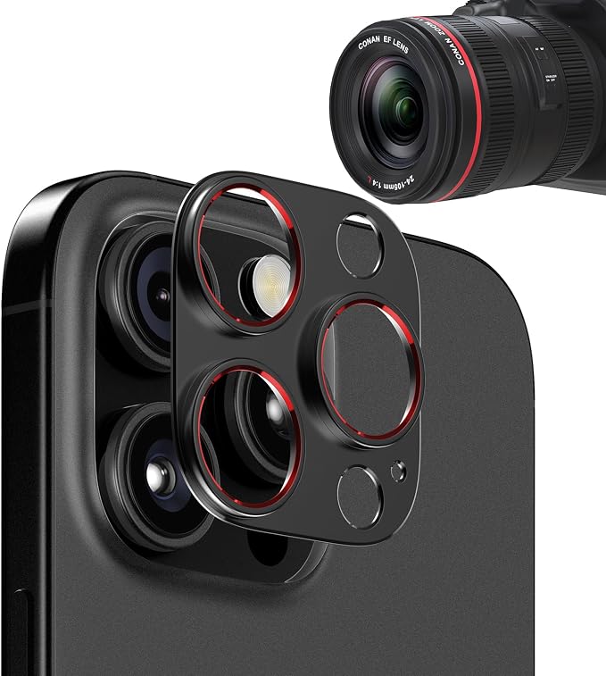 Ultra-Slim Aluminum Alloy Lens Cover for iPhone 14-16 pro - Metal Camera Bumper Frame Only -Scratch Resistant, Easy Installation, Black-red