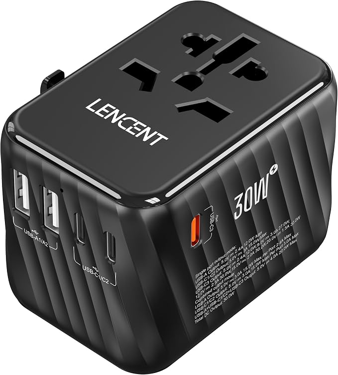 LENCENT Universal Travel Power Adapter, 30W International Wall Charger | with USB C Fast Charging, Worldwide Plug Adaptor Travel Essentials for US to EU UK Ireland Australia Type C/G/A/I Black