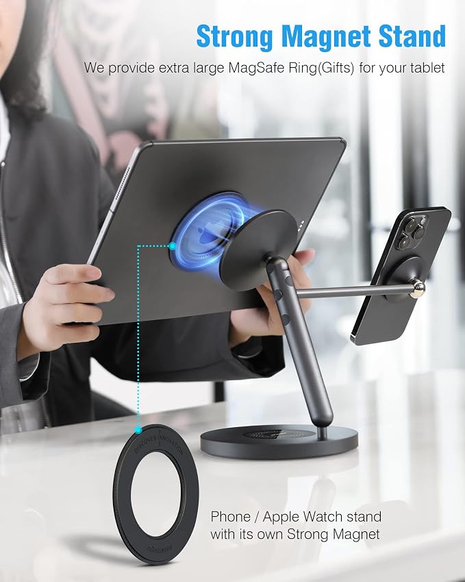 Nillkin Tablet Stand with MagSafe Ring, 4 in 1 Magnetic Stand for Tablet/Phone/Apple Watch/Headphone, 360º Rotating, DIY at Will, Aluminum Cell Phone Stand, Tablet Stand for Desk, Supports 5-13 inch