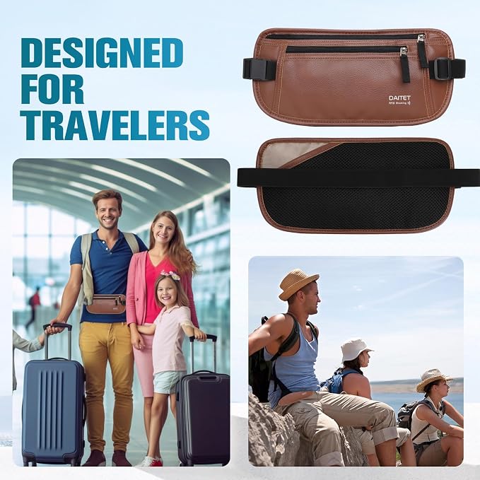 PU Leather Money Belt - Passport Holder Secure Hidden Travel Wallet with RFID Blocking, Undercover Fanny Pack(Brown)