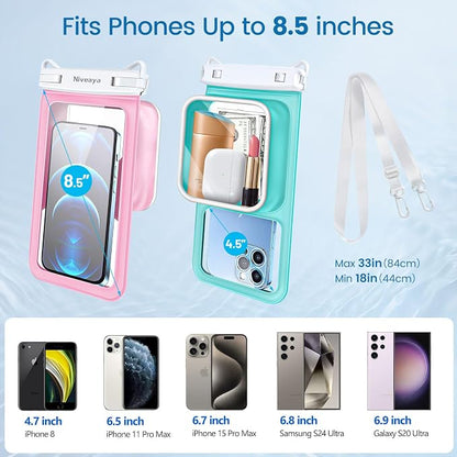 Niveaya [Floatable Floating Waterproof Phone Pouch 2 Pack-Up to 8.5", Large Space Adjustable Neck Lanyard Waterproof Phone Case, Phone Dry Bags for Vacation Beach Pool Kayak Cruise Travel Essentials