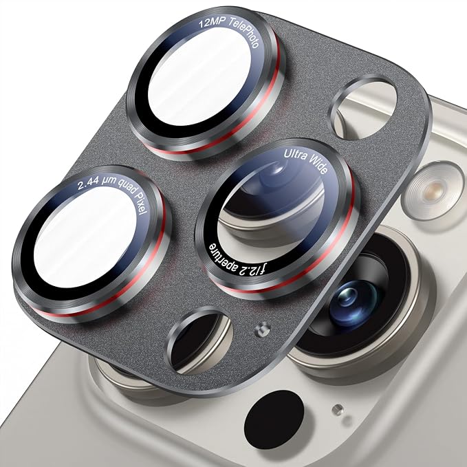 Uyiton Professional Camera Style for iPhone 16 Pro Max/16 Pro/14 Pro Max/14 Pro Camera Lens Protector - [Unique Typography + Phone Lens Red Circle Design] Metal Tempered Glass Camera Cover, Grey+Red