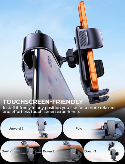 YYBS Car Dashboard Phone Holder for Windshield - Tesla Touch Screen Phone Mount with 360° Adjustable Aluminum Arm & Nano Adhesive Base for iPhone 17 Pro Max and All 4-7inch Smartphone (Black)