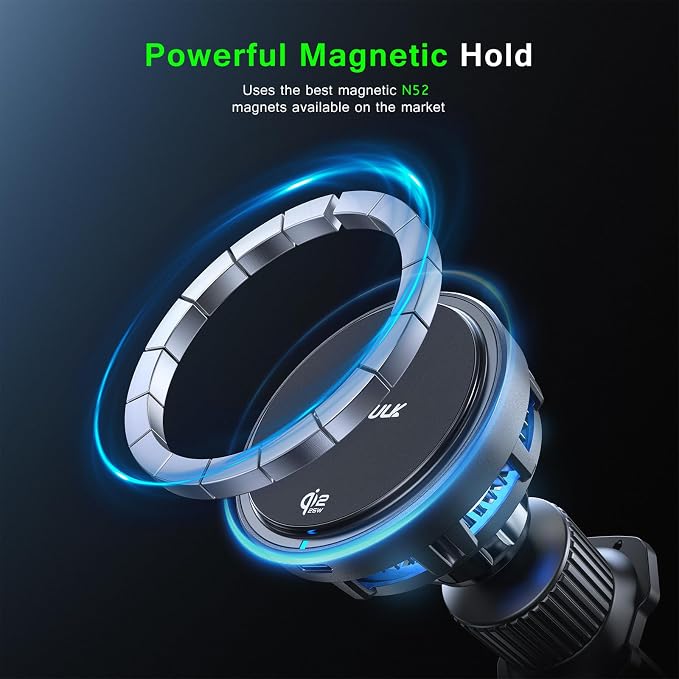 Esoulk [2026 Upgraded] Qi2 25W Fast Wireless Car Charger with Active Cooling Fan for Heat Protection, MagSafe Compatible Magnetic Air Vent Mount with Locking Clip, Phone Holder for iPhone & Android