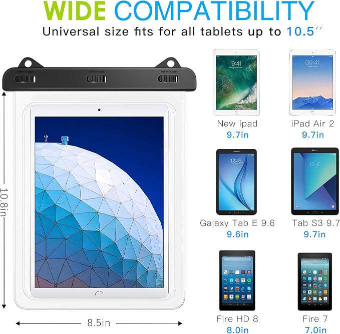 MoKo Waterproof Tablet Case, Tablet Pouch Dry Bag Compatible with iPad 10th, iPad Pro 11 2022, iPad Air 5/4/3/2, iPad 10.2, iPad Pro 10.5/9.7, Samsung Tab S4/S3/S2/Tab A 9.7, Tab E 9.6, Up to 12 inch