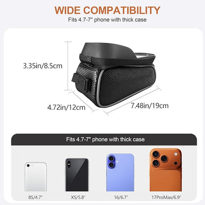 Waterproof Bike/eBike/Frame Bag,Bike Front Bag for Handlebar,Electric Bike Phone Bag,Bicycle Pouch with Rain Cover,Bike Accessories Storage Bag For Compatible Phone Under 7”