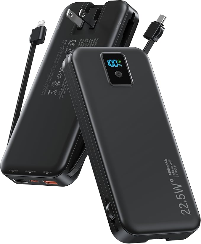 Portable Charger, 12000mAh 22.5W Fast Charging Power Bank with Built-in Cables & Wall Plug, Travel Essentials Battery Pack with LED Display, USB C External Battery Bank for iPhone iPad, Samsung Black