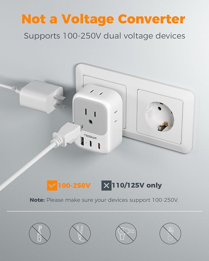 TESSAN Type E F Travel Plug Adapter PD 20W, 7 in 1 Germany France Power Adaptor with 4 Outlets 3 USB (2 USB-C), South Korea Outlet Adapters for US to Europe EU Spain Iceland Greece Portugal, 2 Pack