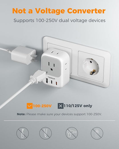 TESSAN Type E F Travel Plug Adapter PD 20W, 7 in 1 Germany France Power Adaptor with 4 Outlets 3 USB (2 USB-C), South Korea Outlet Adapters for US to Europe EU Spain Iceland Greece Portugal, 2 Pack