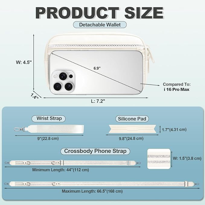 YFWE Clip and Go Strap for Phone with Wallet Crossbody, Adjustable Phone Lanyard with Detachable RFID Wristlet Wallet, Pattern Strap - Cream&Silver (L)