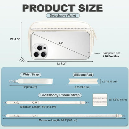 YFWE Clip and Go Strap for Phone with Wallet Crossbody, Adjustable Phone Lanyard with Detachable RFID Wristlet Wallet, Pattern Strap - Cream&Silver (L)