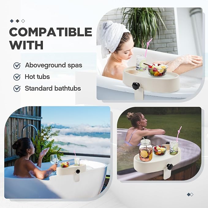 Geelin 1 Pc Hot Tub Table Tray, Adjustable Aboveground Bathtub Tray with 2 Cup Holder, Between 2'' to 7.5'' Nonslip Hot Tub Accessories Shelf Drinks Snacks Phone Holder for Spa Bathtub (Ivory White)