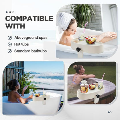 Geelin 1 Pc Hot Tub Table Tray, Adjustable Aboveground Bathtub Tray with 2 Cup Holder, Between 2'' to 7.5'' Nonslip Hot Tub Accessories Shelf Drinks Snacks Phone Holder for Spa Bathtub (Ivory White)