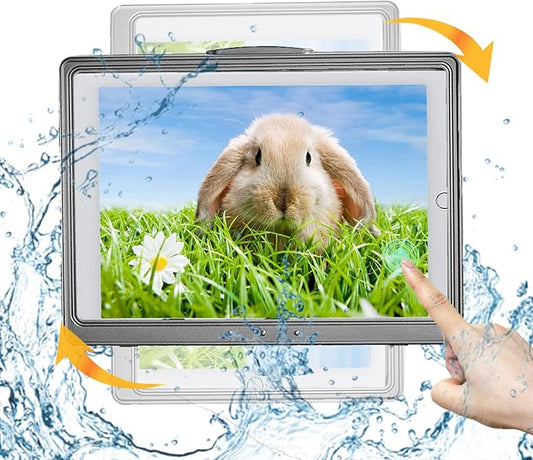 Shower Tablet Holder Waterproof Compatible with Ipad, Wall Mounted Bathroom Tablet Case Rotation, Adhesive Touchable Cradle with Glass Mirror Anti-Fog Screen for Kitchen 11 inches Grey