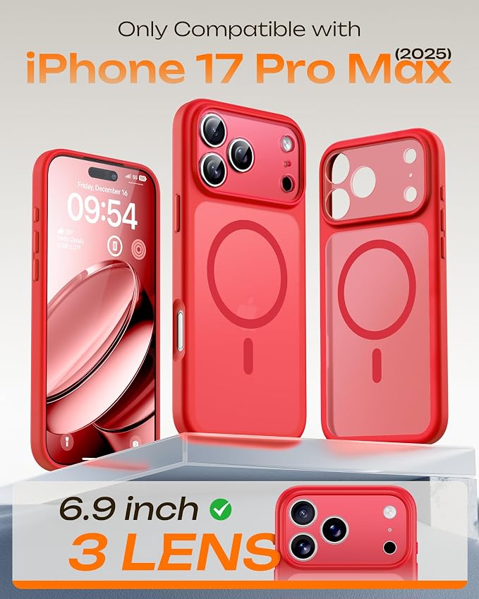 TOCOL for iPhone 17 Pro Max Case, Compatible with Magsafe Charger, Full Camera Protection, Translucent Matte for iPhone 17 Pro Max Phone Case 6.9 inch (Red)