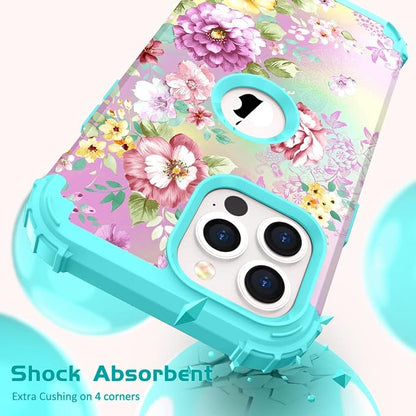 Hocase for iPhone 13 Pro Max Case, Heavy Duty Shockproof Protection Soft Silicone Rubber Bumper+Hard Plastic Hybrid Protective Case for iPhone 13 Pro Max (6.7") 2021 - Purple Florals/Teal