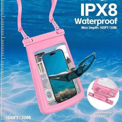 2L Floating Waterproof Phone Pouch for Up to 7.5", Large Space Adjustable Neck Lanyard Waterproof Bag. Dry Bag for Family Vacations, Beach, Pools, Kayaking, Cruises (Pink)