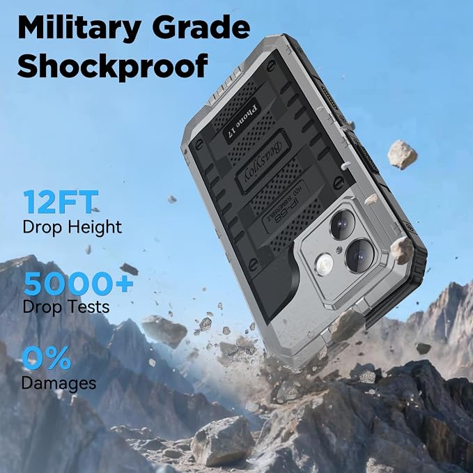 Beasyjoy for iPhone 17 Case Waterproof, Heavy Duty Metal Full Body Protection, Built-in Screen Protector, Military Grade Shockproof Dustproof Rugged Cover for iPhone 17 6.3 inch, Silver