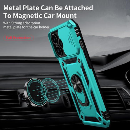 Vinve for iPhone 14 Pro Max Case with Slide Lens Cover HD Screen Protector, Military Grade Drop Protection, Magnetic Rotated Ring Holder Kickstand Protective Phone Case (Ice Green)