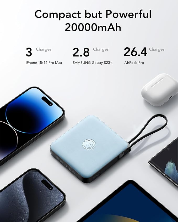 20000mAh Portable Charger Fast Charging with Built-in 4 Cables, Battery Pack Charger Portable PD 20W, Power Bank for iPhone 17 16 15 14 13 12 11 X Samsung Galaxy Series Android Phone,Blue(1Pack)
