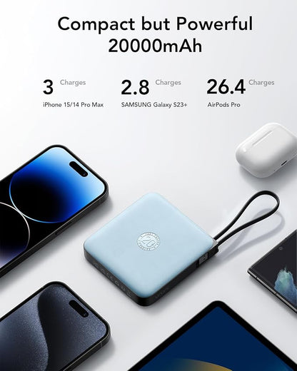 20000mAh Portable Charger Fast Charging with Built-in 4 Cables, Battery Pack Charger Portable PD 20W, Power Bank for iPhone 17 16 15 14 13 12 11 X Samsung Galaxy Series Android Phone,Blue(1Pack)