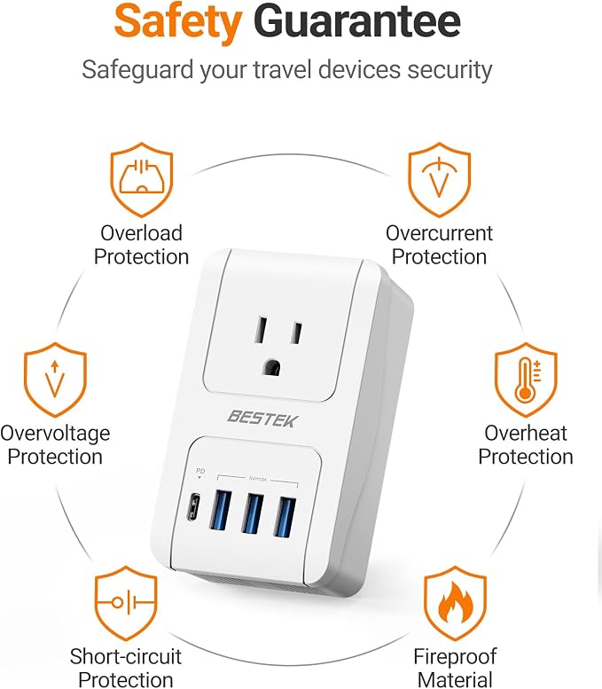 BESTEK Universal Travel Adapter, International Power Adapter with 1 Outlets 4 USB Charging Ports (1 USB C PD 35W), Plugs for EU, UK, US, China, AU, Japan - for Laptop, Phone, Camera