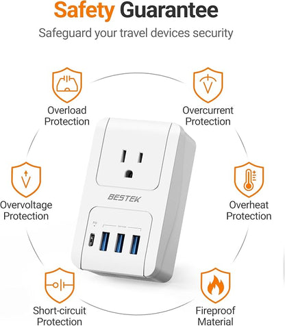 BESTEK Universal Travel Adapter, International Power Adapter with 1 Outlets 4 USB Charging Ports (1 USB C PD 35W), Plugs for EU, UK, US, China, AU, Japan - for Laptop, Phone, Camera