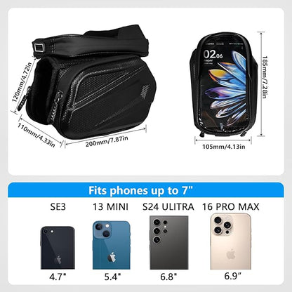 Bike Frame Bag - 2.73L Detachable Touchscreen Pouch with EVA Hardcase & 360 Swivel, Waterproof Top Tube Bike Bag/Handlebar Mount for iPhone/Samsung up to 7" - MTB/Road/Ebike Accessories