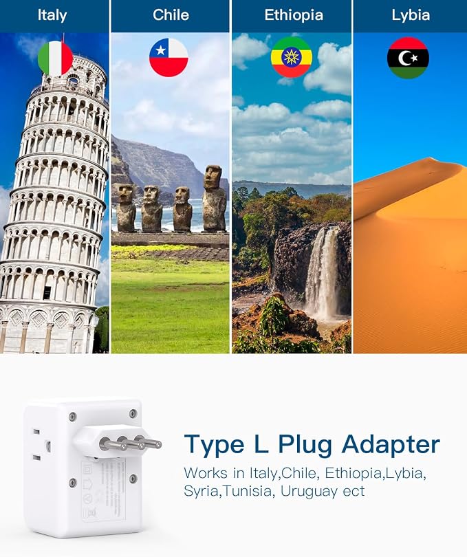 2 Pack Italy Travel Plug Adapter, Type L Italy Power Adapter | 3 Outlets 3 USB Ports(1USB C), 3 Prong Grounded Outlet Adaptor, Travel Plug Converter for USA to Italy Chile Uruguay Italian