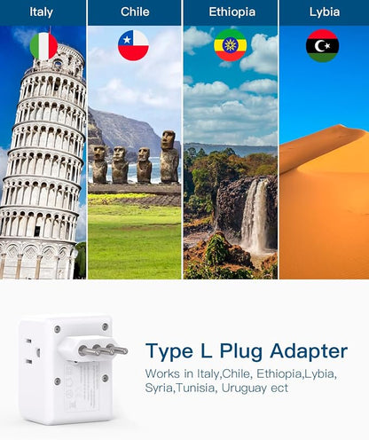 2 Pack Italy Travel Plug Adapter, Type L Italy Power Adapter | 3 Outlets 3 USB Ports(1USB C), 3 Prong Grounded Outlet Adaptor, Travel Plug Converter for USA to Italy Chile Uruguay Italian