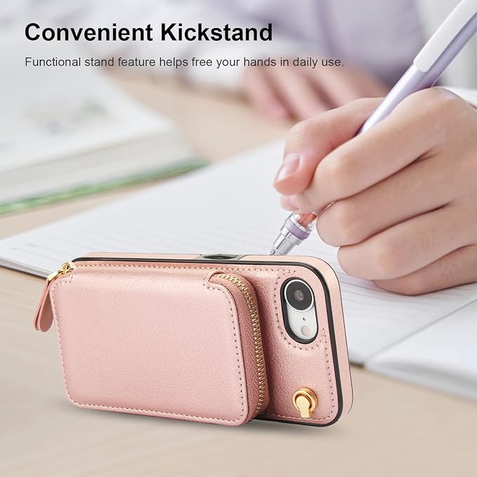 Bocasal Crossbody Wallet Case for iPhone 17e/16e, RFID Blocking Leather Purse Case with Card Holder, Protective Handbag Flip Cover with Zipper Wrist Strap Lanyard for Women 5G 6.1 Inch (Rose Gold)