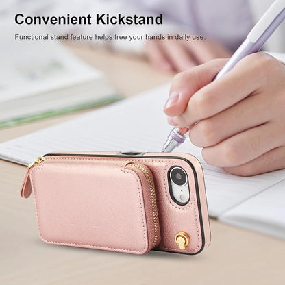 Bocasal Crossbody Wallet Case for iPhone 17e/16e, RFID Blocking Leather Purse Case with Card Holder, Protective Handbag Flip Cover with Zipper Wrist Strap Lanyard for Women 5G 6.1 Inch (Rose Gold)
