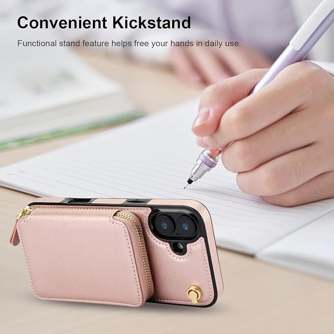 Bocasal Crossbody Wallet Case for iPhone 16 Plus, RFID Blocking Leather Purse Case with Card Holder, Protective Handbag Flip Cover with Zipper Wrist Strap Lanyard for Women 5G 6.7 Inch (Rose Gold)