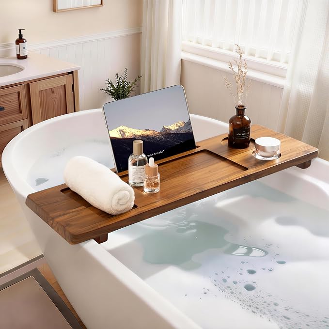 Teak Bathtub Tray - Wood Bath Caddy Tray 29" for Small Tubs - Adjustable Bathtub Table Trays - Luxury Shower Organizer for Home Spa Relaxation and Reading - Light Walnut Color