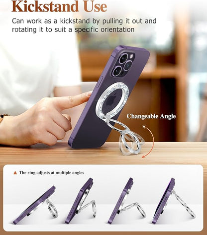 GVIEWIN Magnetic Phone Ring Holder, Compatible with MagSafe Phone Grip with Adjustable Stand, Magnet Phone Ring Kickstand for iPhone 17/16/15/14/13/12 Pro Max Plus Air/Other Phones (Glitter/Silver)