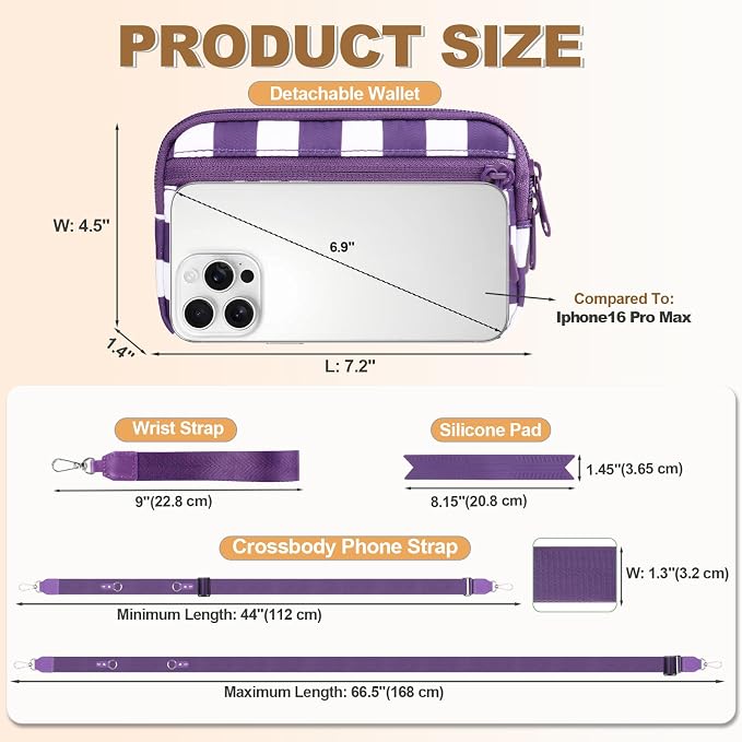 YFWE Clip and Go Strap for Phone with Wallet Crossbody, Adjustable Phone Lanyard with Detachable RFID Wristlet Wallet, Phone Strap with Phone Tabs for All Phones, Purple Checkered (L)
