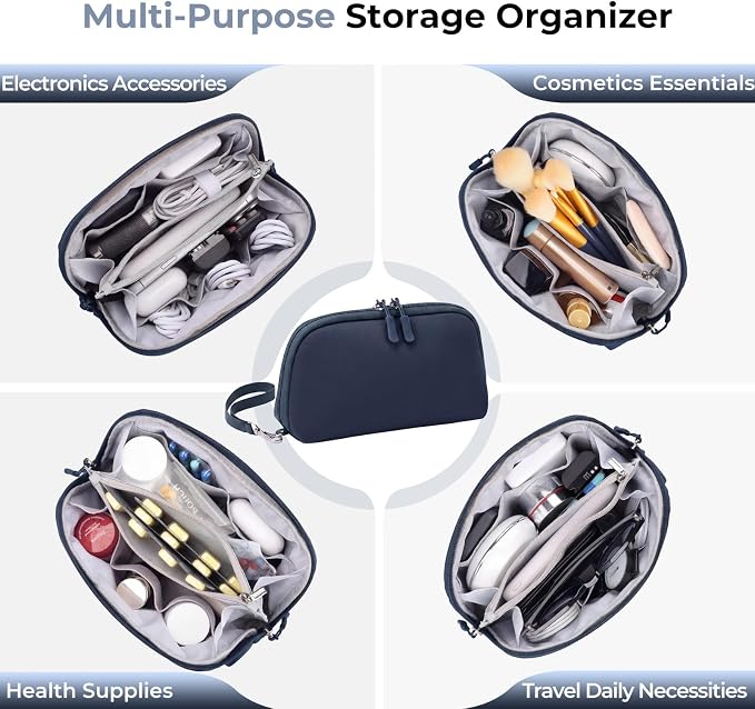 FYY Travel Cable Organizer - 8 Compartments, Lightweight, Water Repellent | With Wrist Strap, Portable Tech Pouch for Cord Charger, Travel and Business Trips Use, Soft Shell Nylon, Navy (Medium)