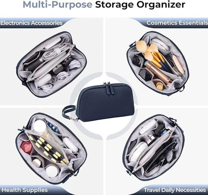 FYY Travel Cable Organizer - 8 Compartments, Lightweight, Water Repellent | With Wrist Strap, Portable Tech Pouch for Cord Charger, Travel and Business Trips Use, Soft Shell Nylon, Navy (Medium)